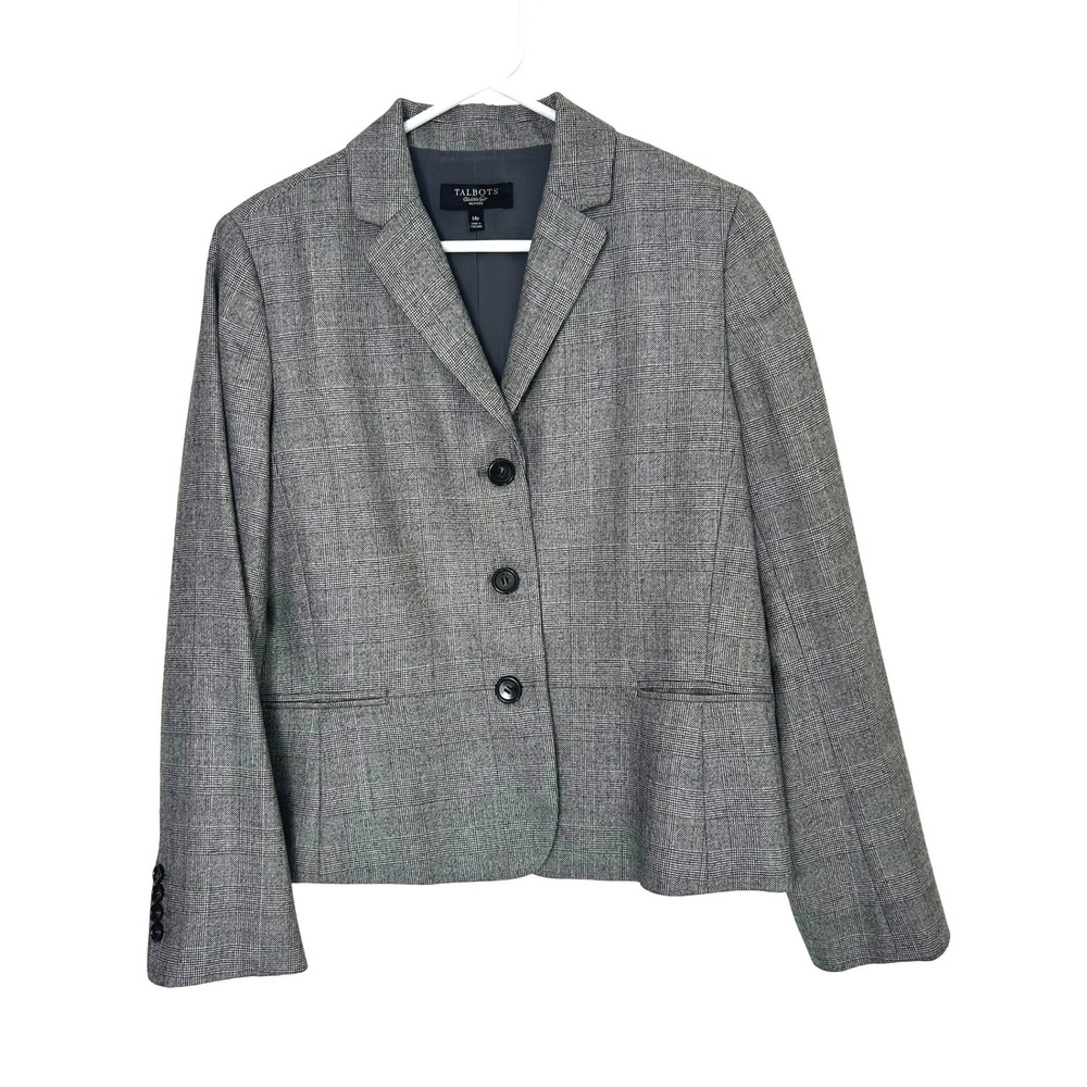Talbots Blazer Women 14P Gray Wool Glen Plaid 3-Button Tailored Career Office